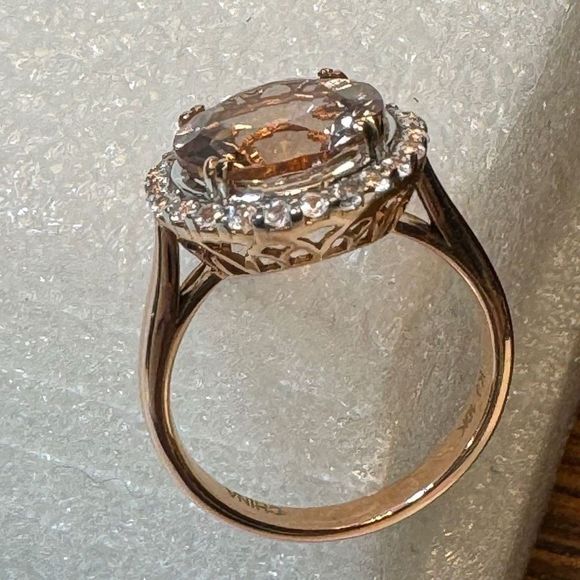 10K Rose Gold Peach CZ & Clear Topaz Halo Ring - Picture 1 of 9